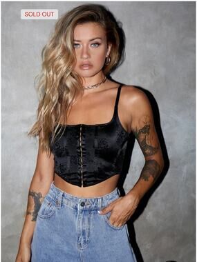 Motel Rocks Elicia Corset Crop Top in Black Rose Flock Black Size XS NWT